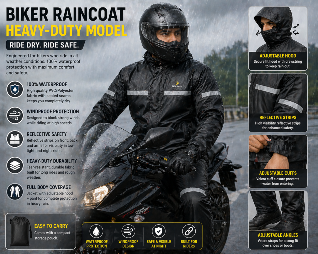 Heavy-duty biker raincoat with full protection