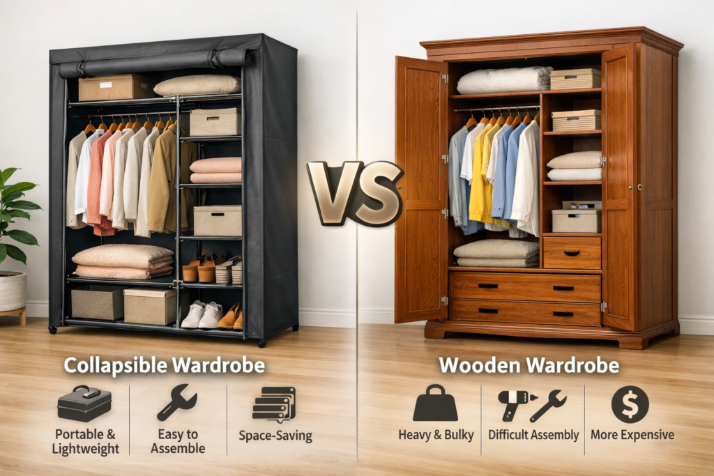Collapsible Wardrobe vs Wooden Wardrobe Comparison