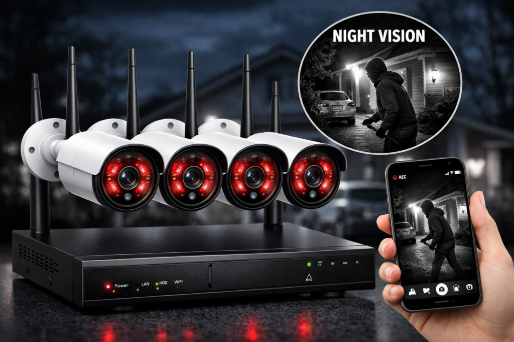 Homeowner comparing wireless security cameras before making a purchase"