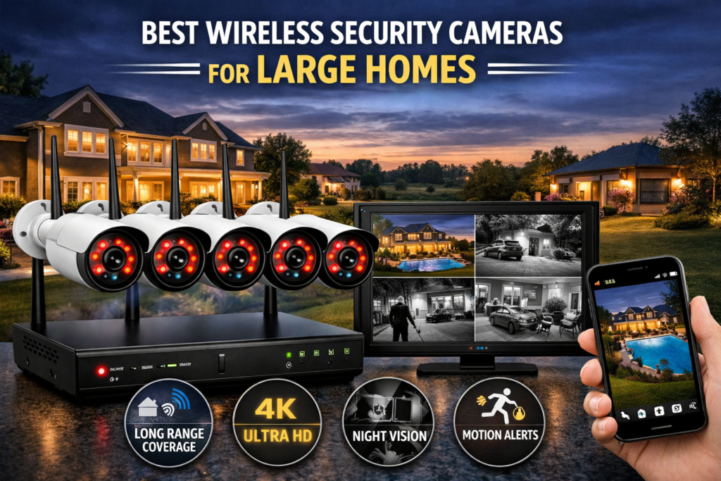 Wireless outdoor security cameras protecting a large modern home with driveway and garden