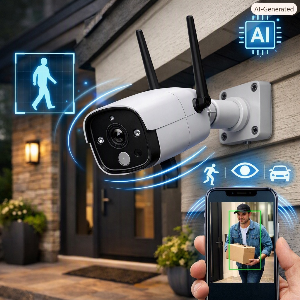 AI-powered wireless security camera monitoring a modern home entrance